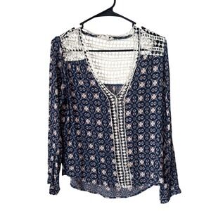 Lovestitch Navy Blue Medallion Print Crochet Lace V-Neck Boho Blouse Small